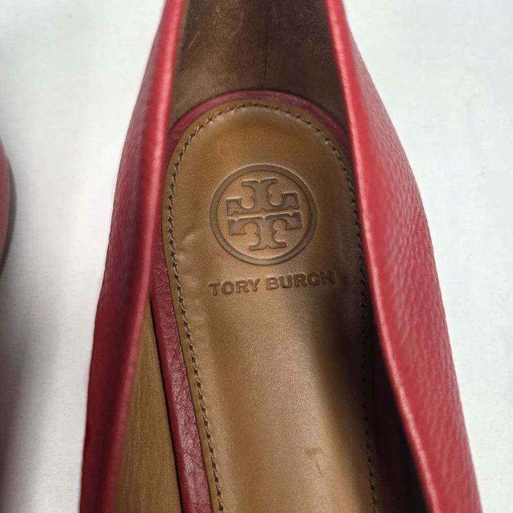 Tory Burch Reva Red Pebbled Leather Ballet Flats Gold Logo Medallion Women's US
